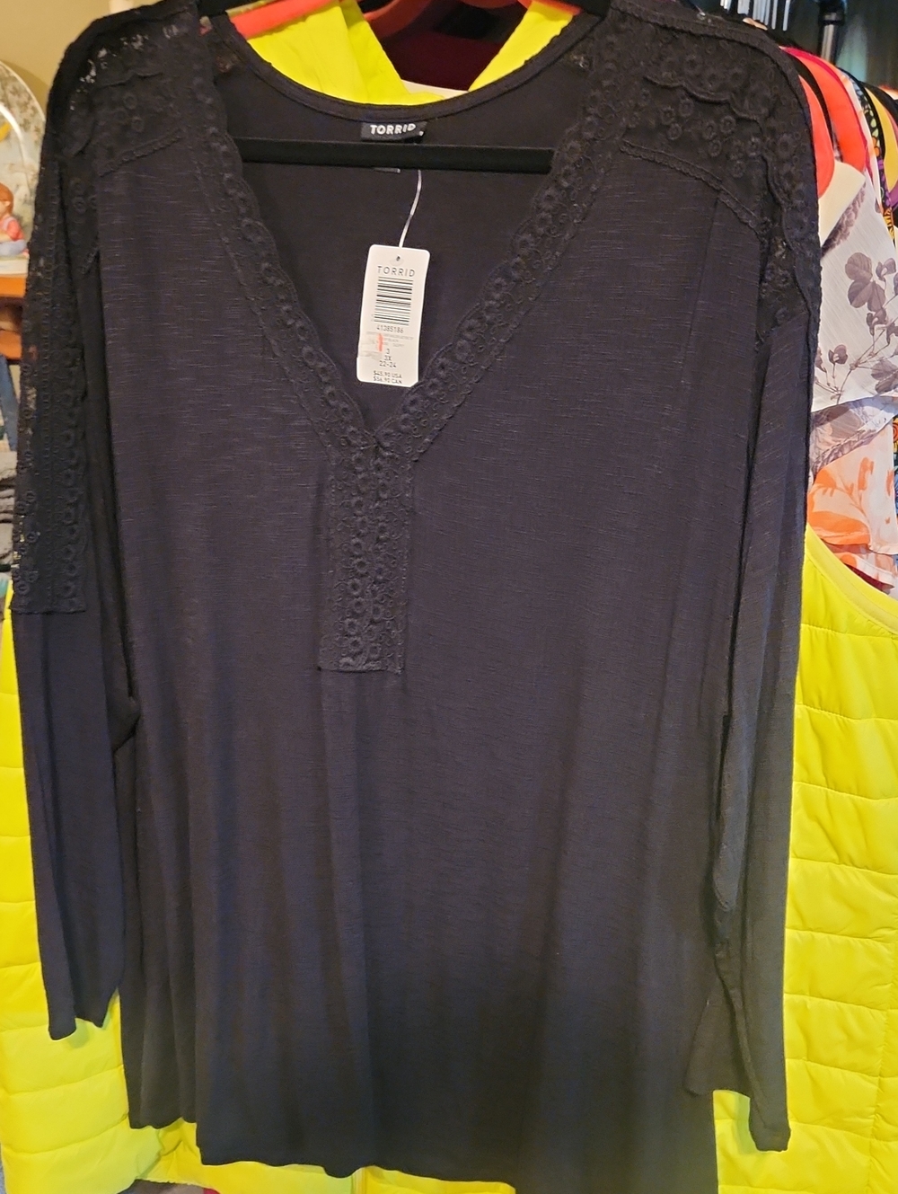 Torrid 3 Black V-Neck Long Sleeve Top with Lace Trim